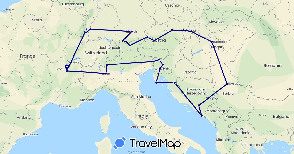 TravelMap itinerary: driving in Austria, Bosnia and Herzegovina, Germany, France, Croatia, Hungary, Italy, Serbia, Slovenia, Slovakia (Europe)
